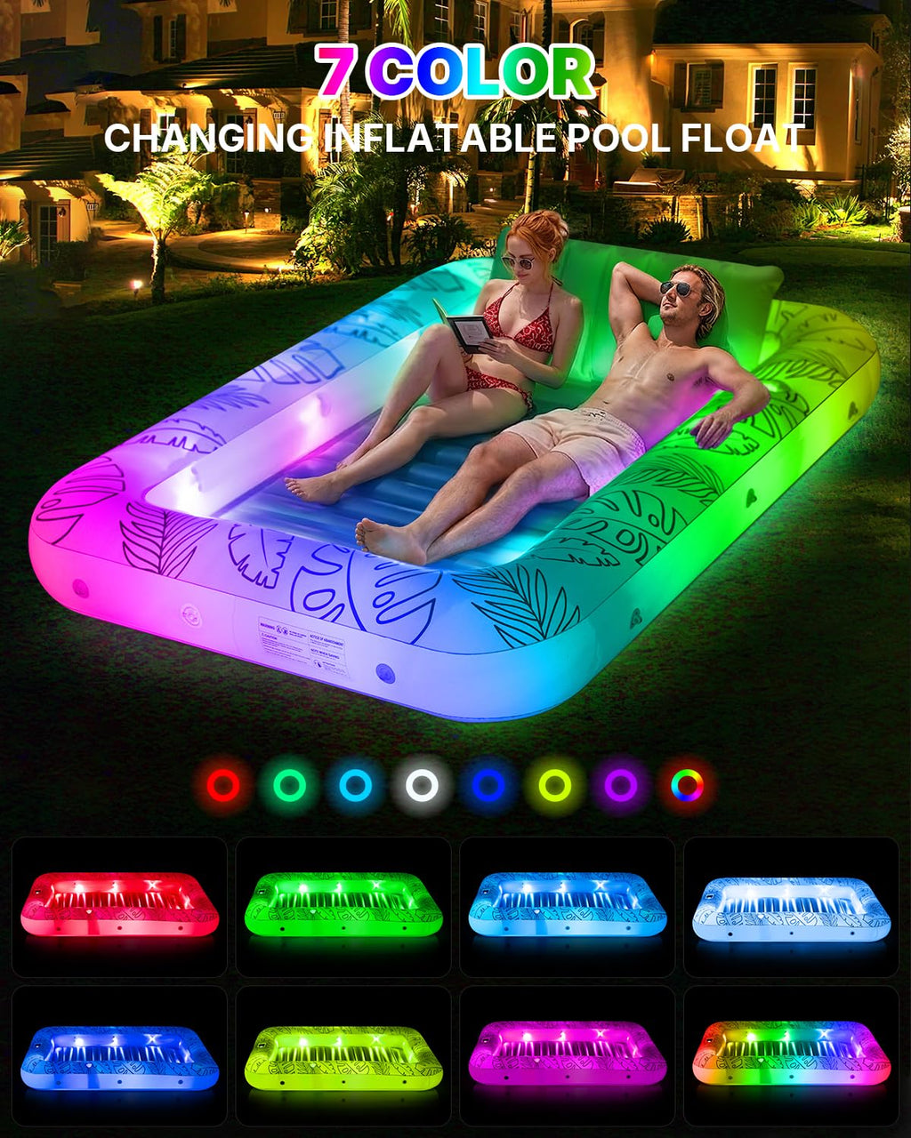 Inflatable Tanning Pool Float with Lights and Pillow O621562