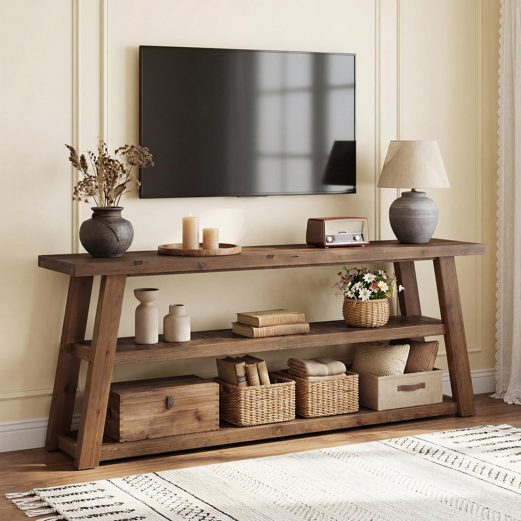 3-Tier Solid Wood TV Stand with Open Storage Shelves K4322