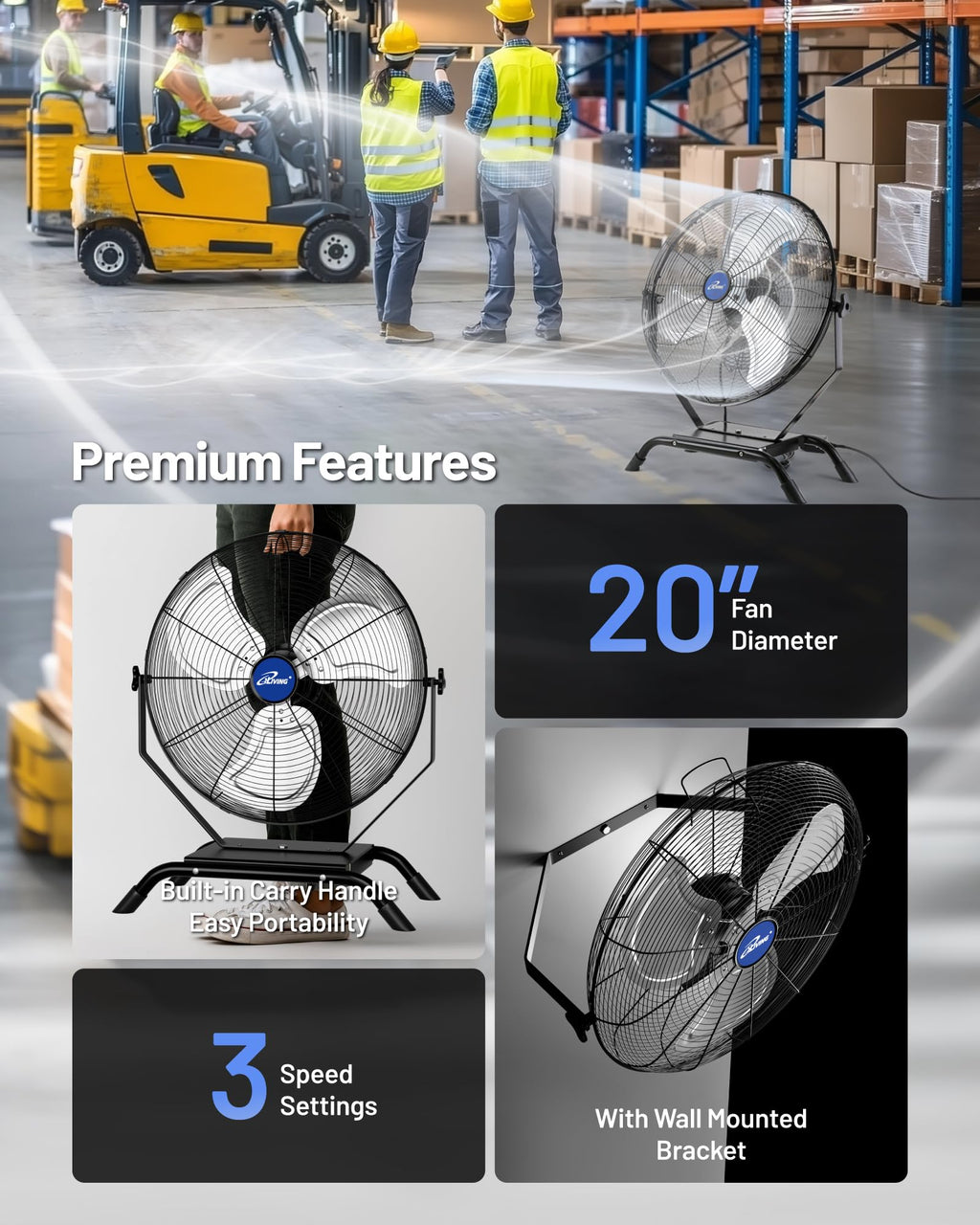 20" Variable Speed Indoor/Outdoor Fan, 4650 CFM, Black Y724