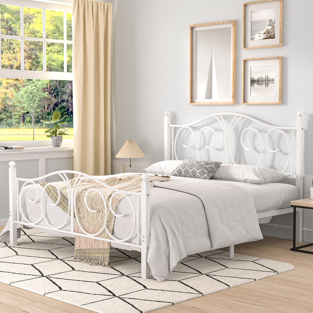 Full Size Pure White Metal Platform Bed Frame with Headboard and Footboard R6723