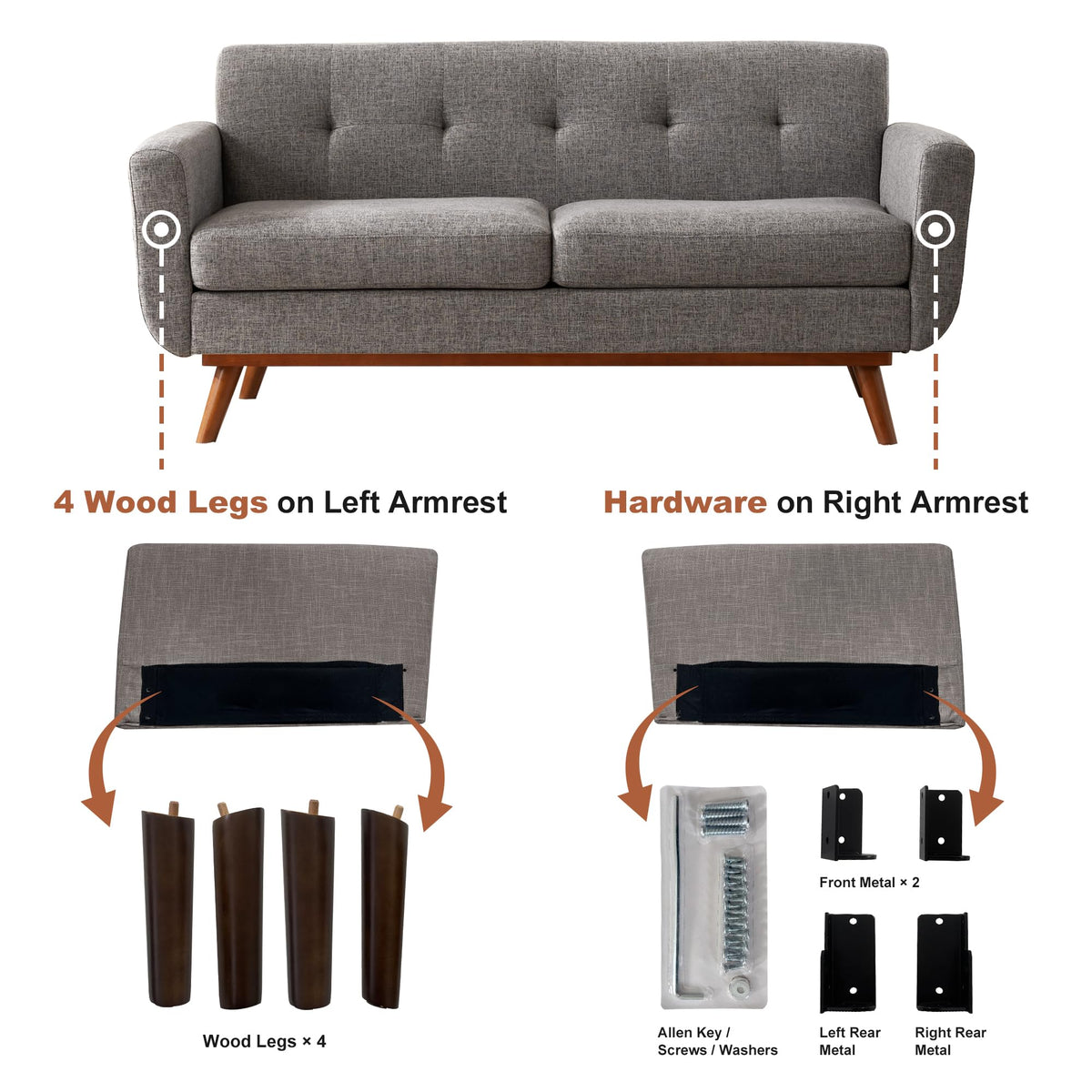 65.2" W Grey Button Tufted Loveseat Sofa Z1014