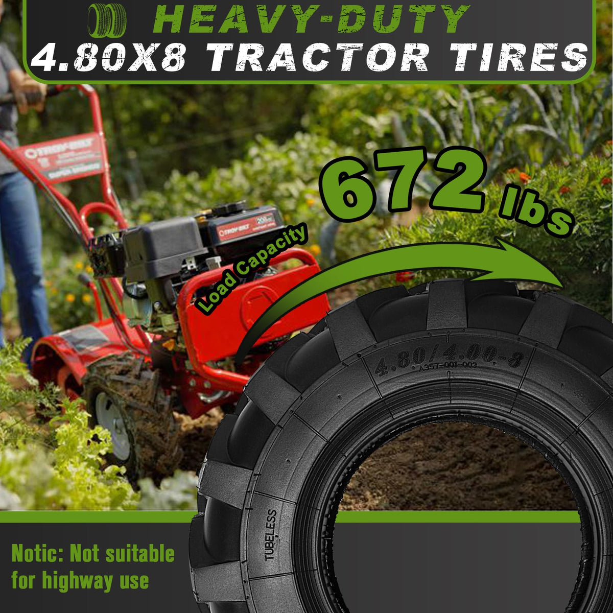 2 PCS 4.80/4.00-8 Tubeless Lawn Garden Tires L685