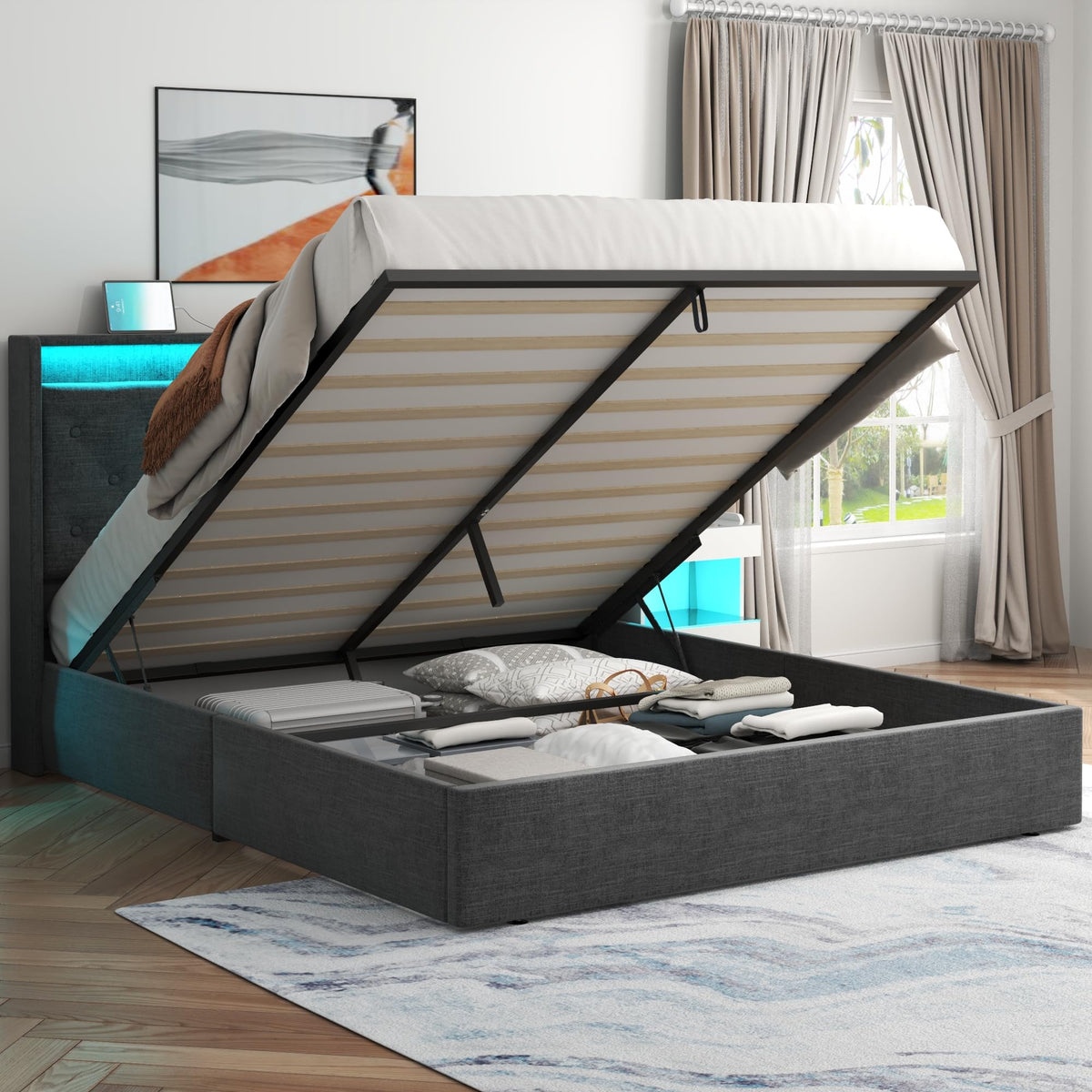 Queen Lift Up Storage Bed Frame with Charging Station & LED Lights Dark Grey I242214