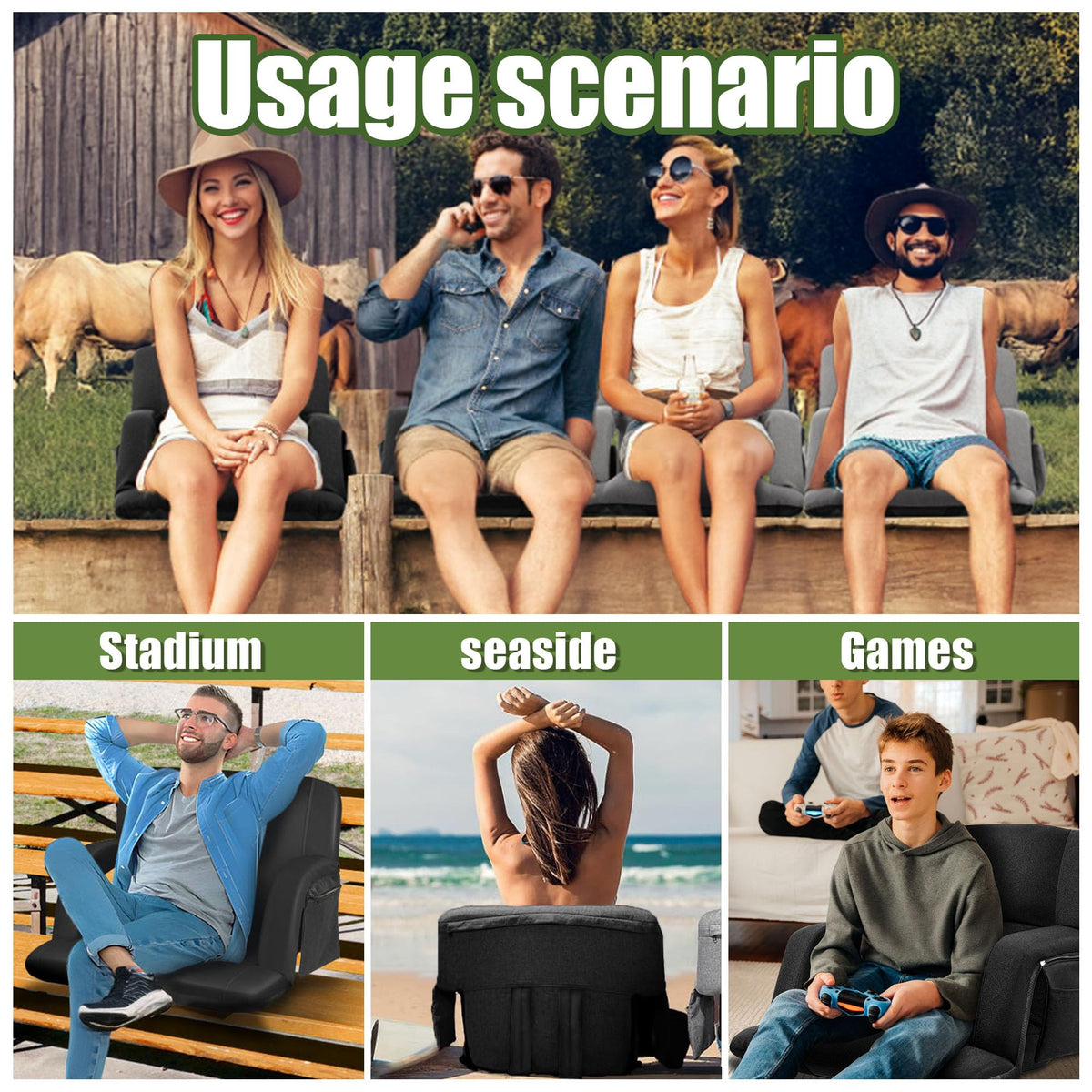 Extra Wide Folding Stadium Chairs with Back and Cushion, 6 Reclining Positions, Black W46932