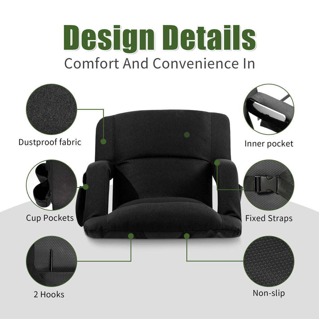 Extra Wide Folding Stadium Chairs with Back and Cushion, 6 Reclining Positions, Black W46932