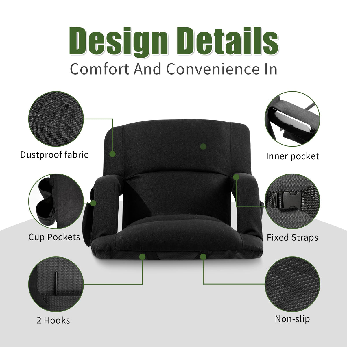 Extra Wide Folding Stadium Chairs with Back and Cushion, 6 Reclining Positions, Black W46932