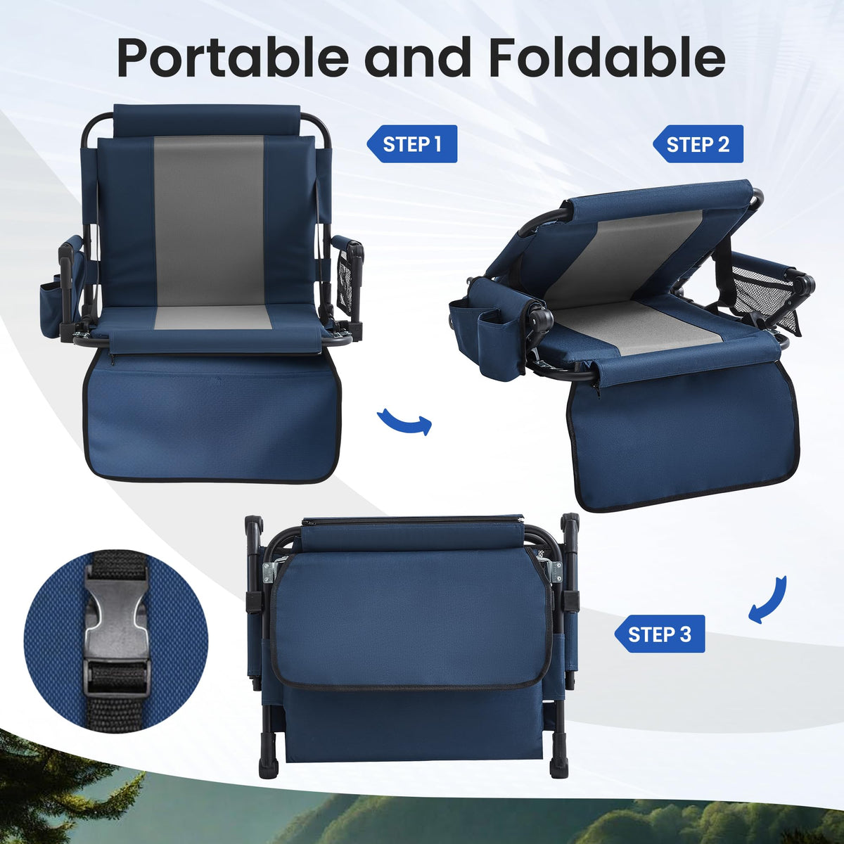 Portable Foldable Bleacher Chair with Cup Holders Blue H38776
