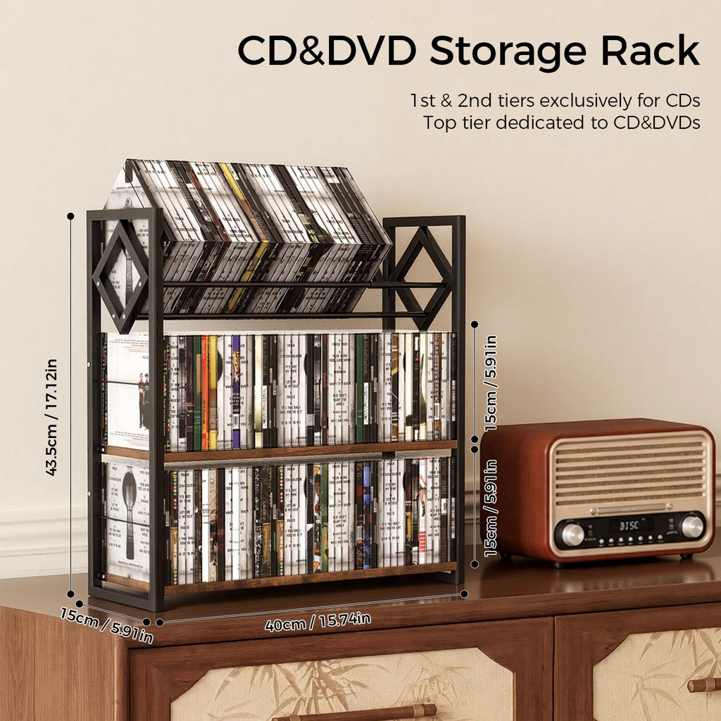 3-Tier Wooden and Metal CD Storage Rack Q2665