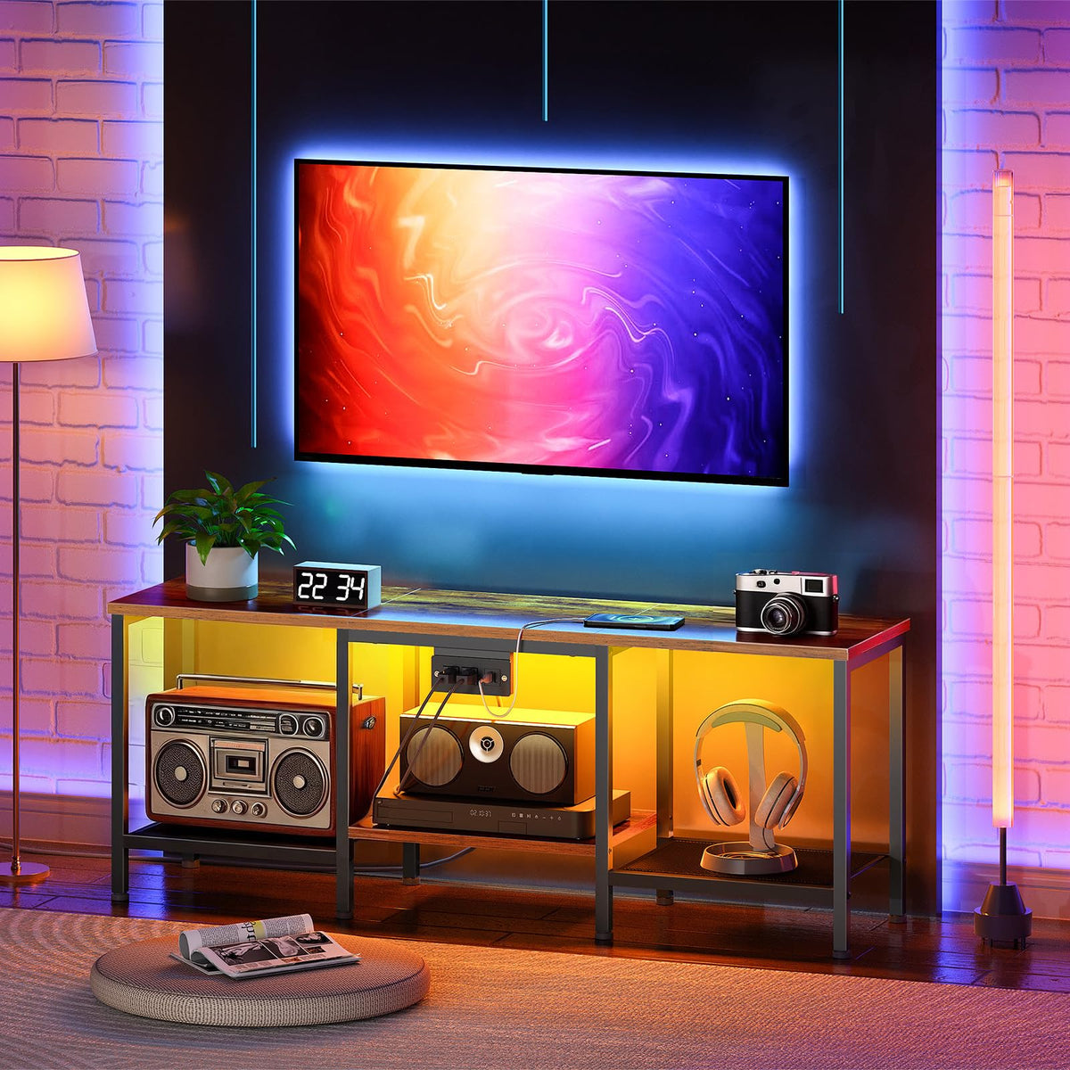 Rustic Brown and Black TV Stand with Charging Station P329592