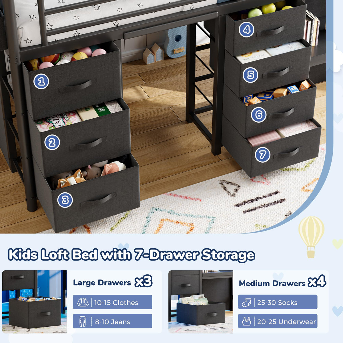 Twin Size Low Loft Bed with 7 Storage Drawers, Desk and LED Lights, Black O676306
