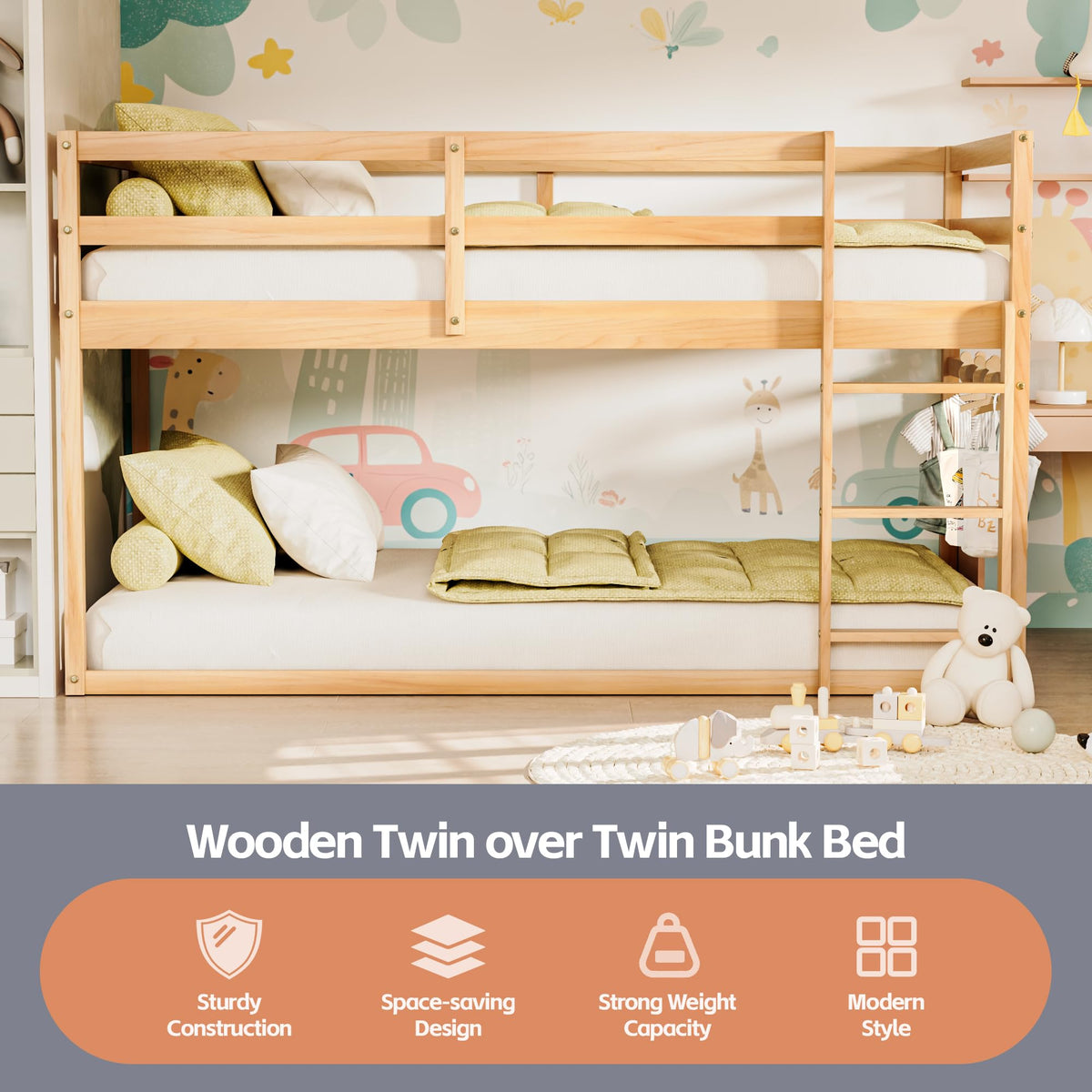 Twin Over Twin Low Bunk Bed with Ladder and Guardrails S785