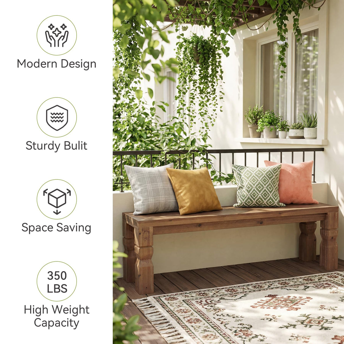 Solid Wood Bench 55-Inch Long Rustic Brown H576