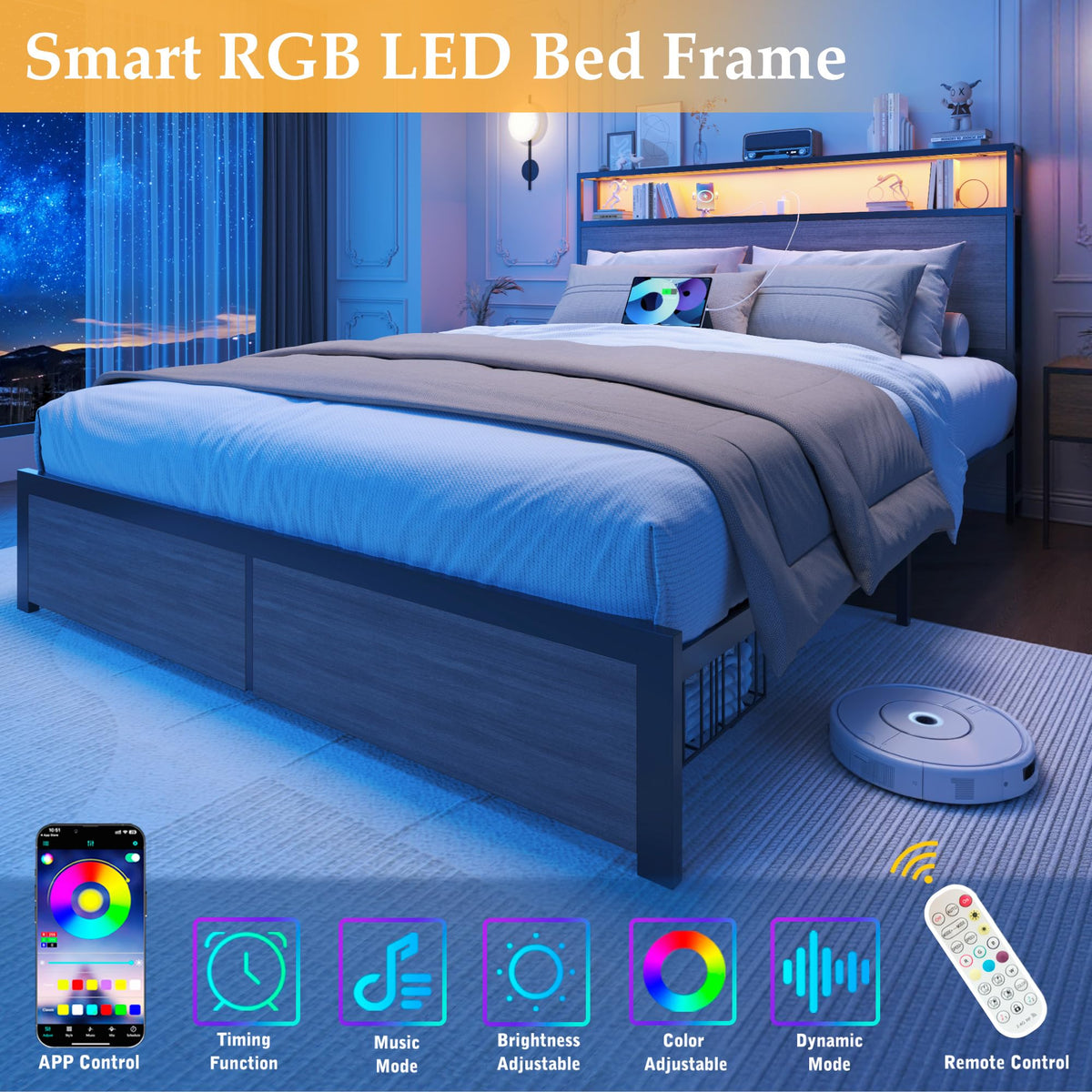 Rustic Grey Full Bed Frame with Charging Station W12828