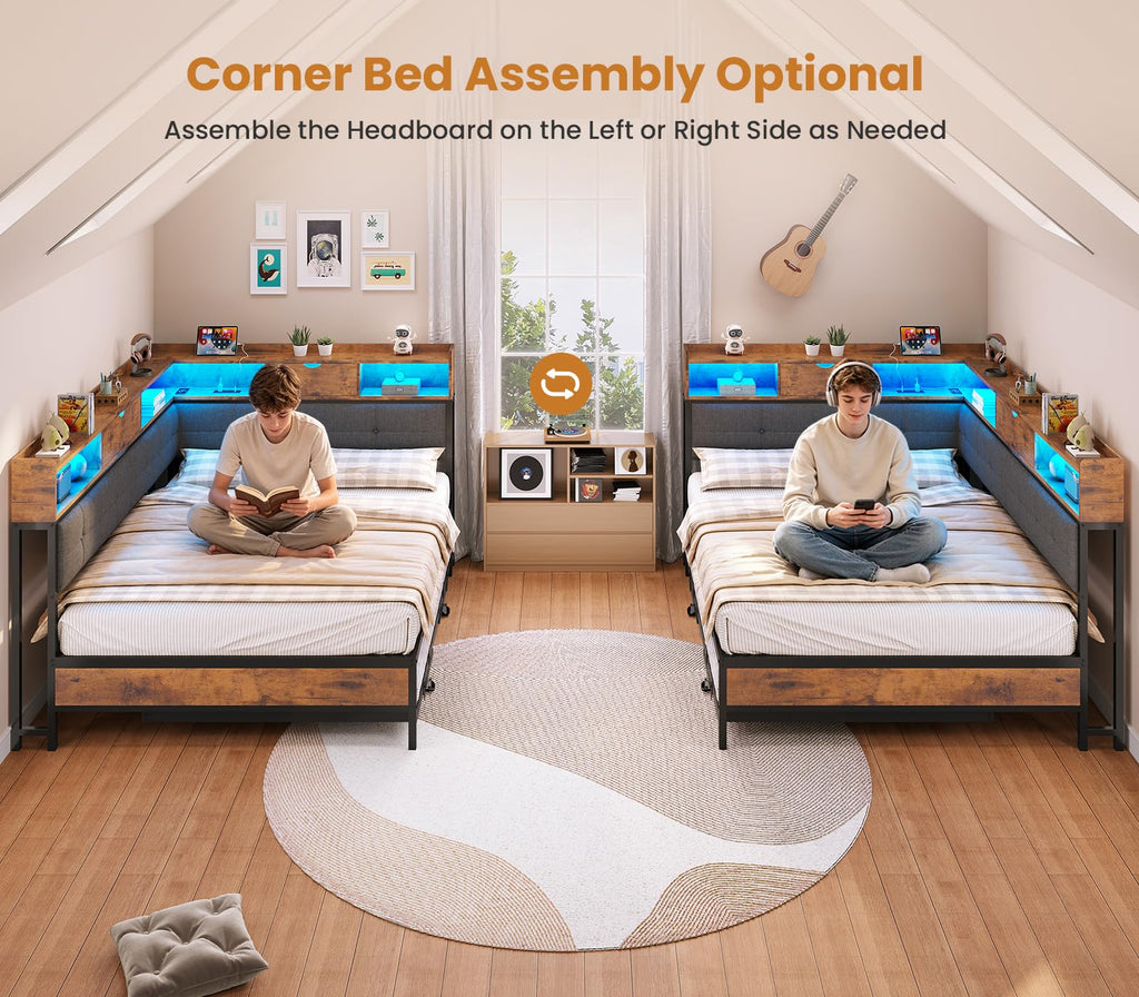 Black Corner Full Bed Frame with Trundle H76432