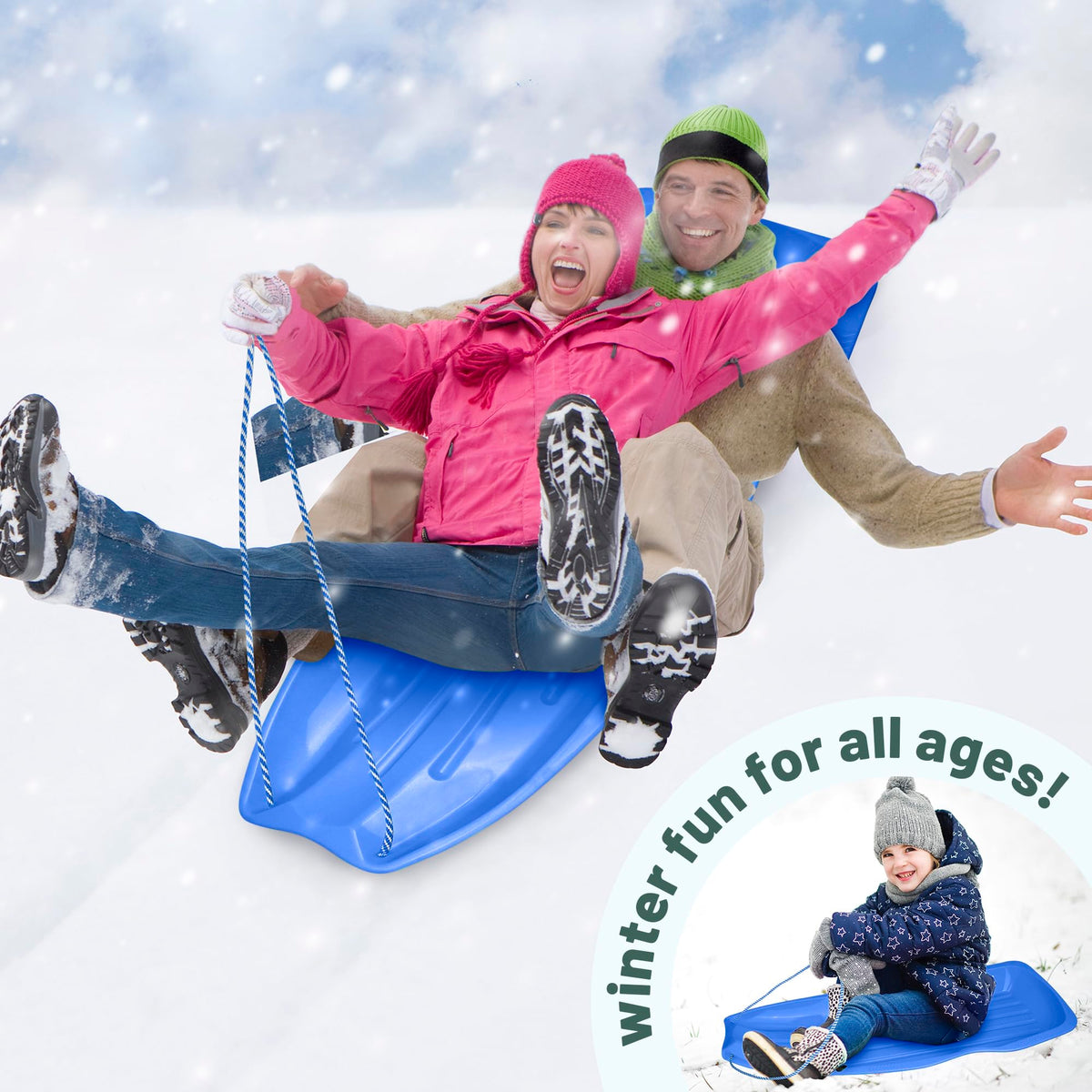 Kids Plastic Snow Sled with Pull Rope and Handles, Blue J586906