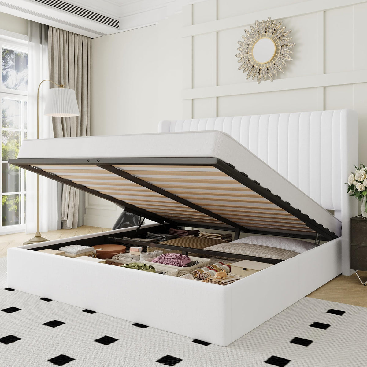 Queen Size Lift Up Storage Bed Frame White X903