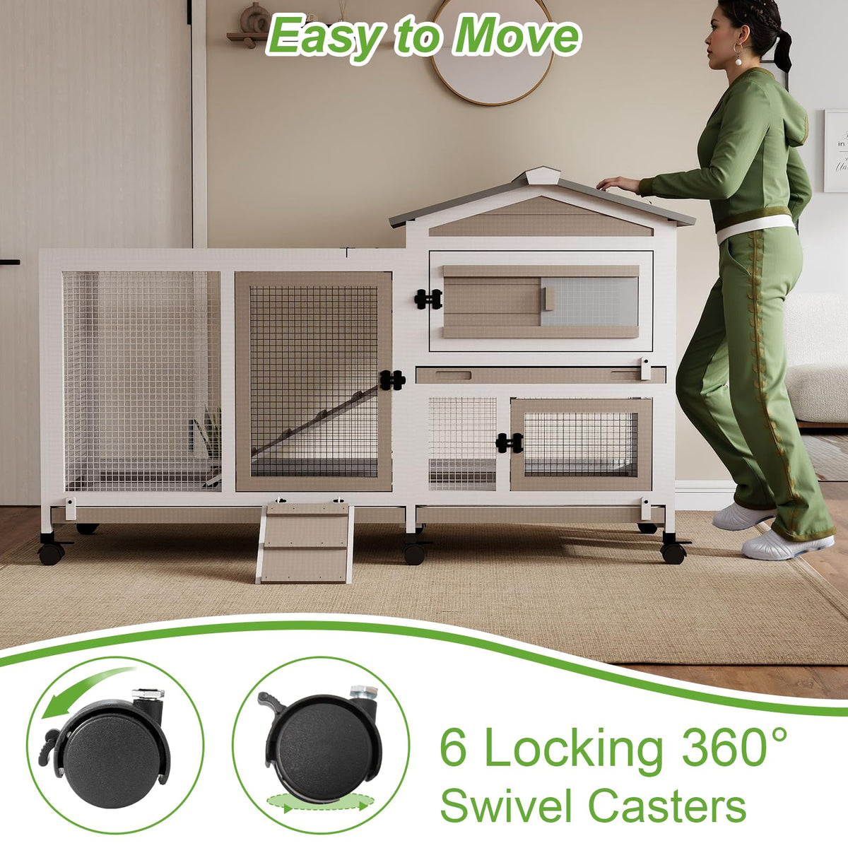 2 Story Wooden Rabbit Hutch with 6 Lockable Wheels H942