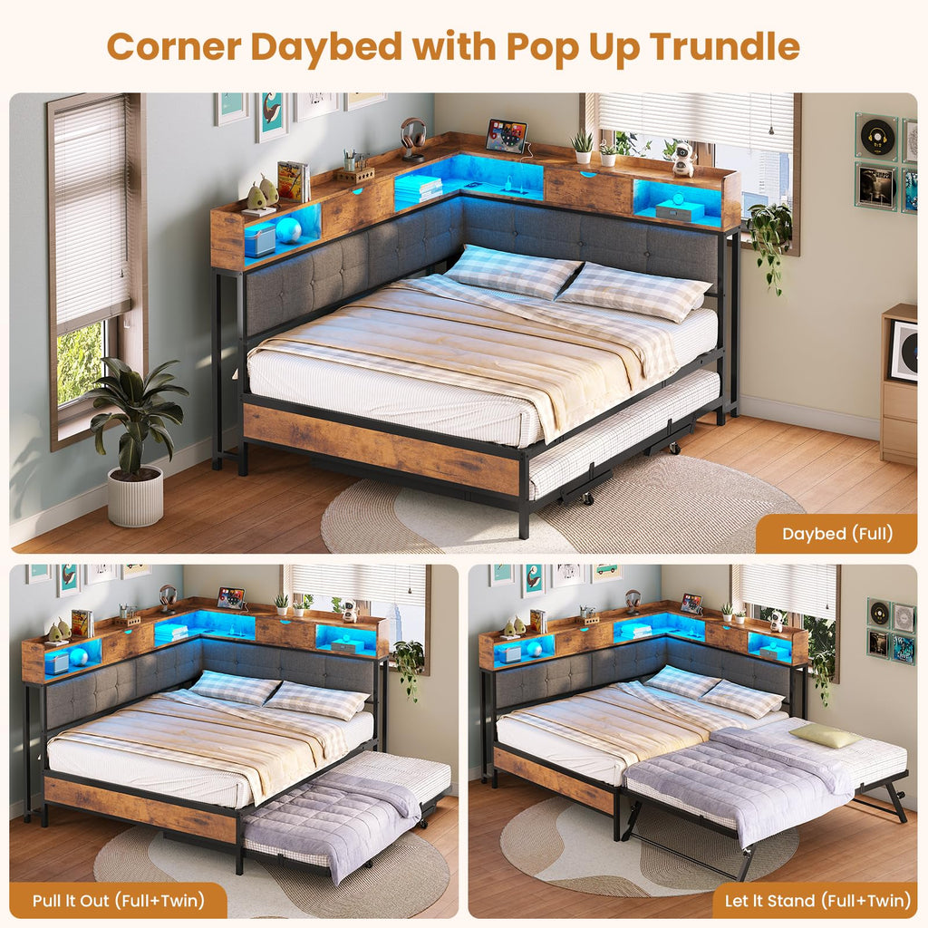 Black Corner Full Bed Frame with Trundle H76432