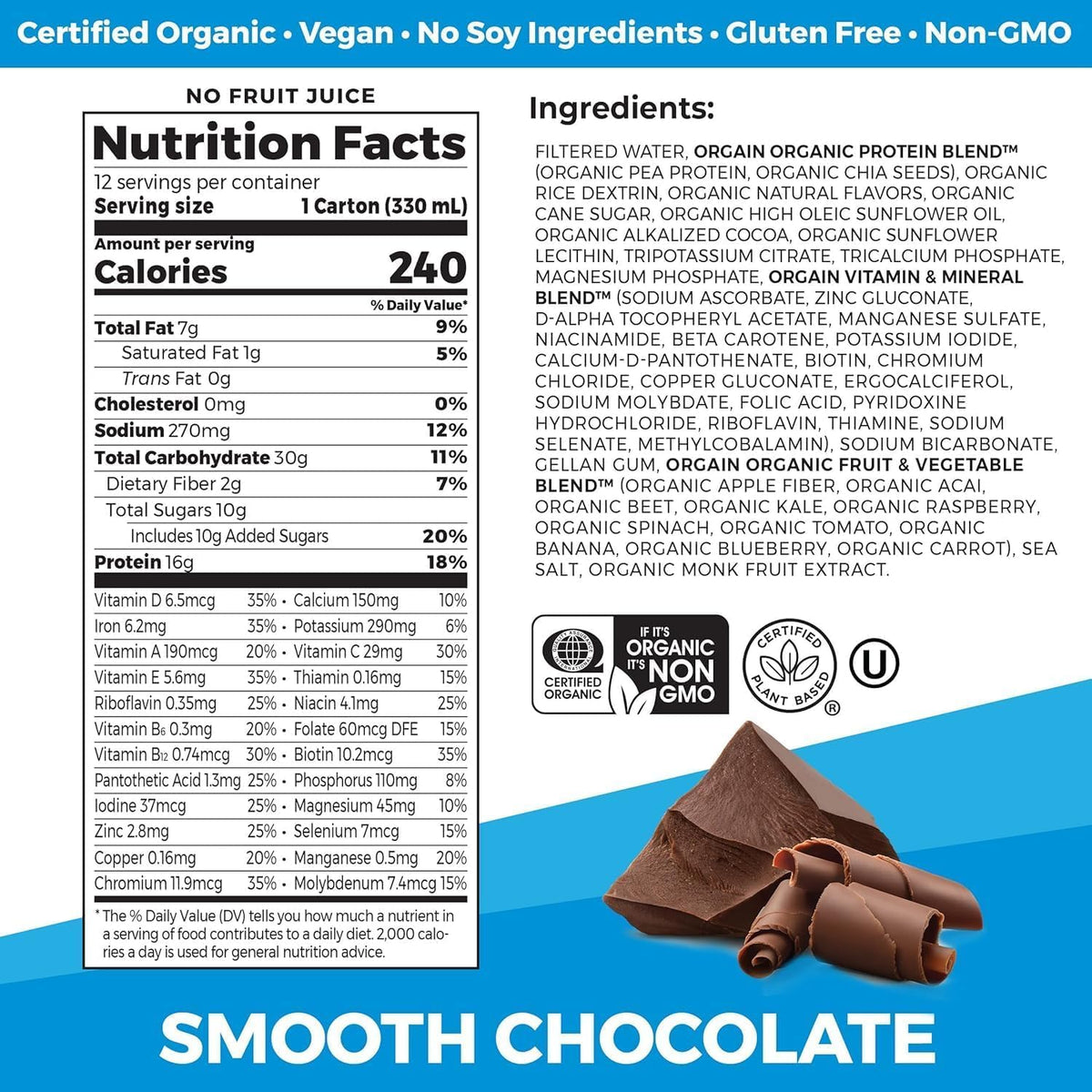 Organic Vegan Protein Shake Smooth Chocolate & Vanilla Bean 16g 11 Fl Oz X980020