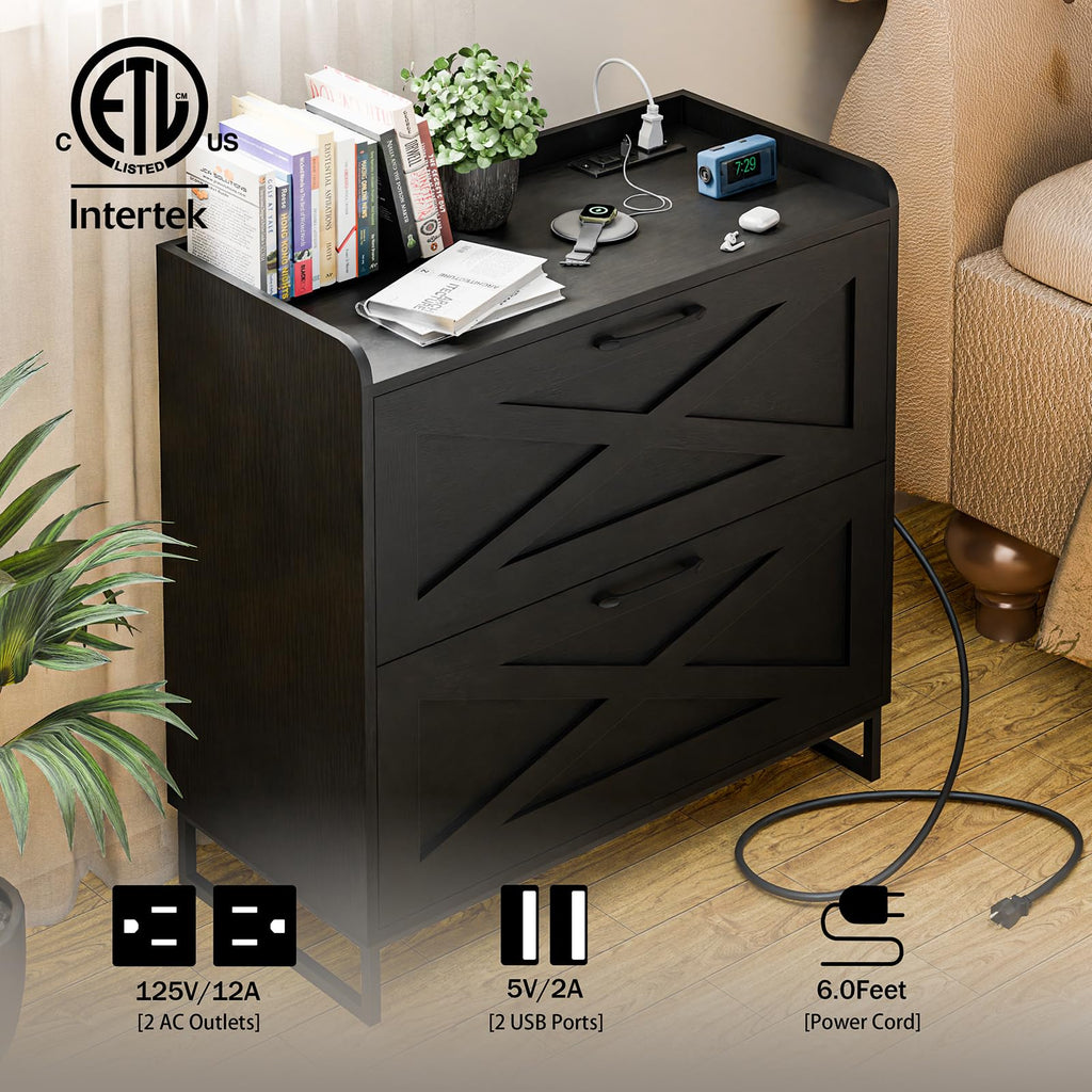 2 Drawer Black File Cabinet with Charging Station I108737