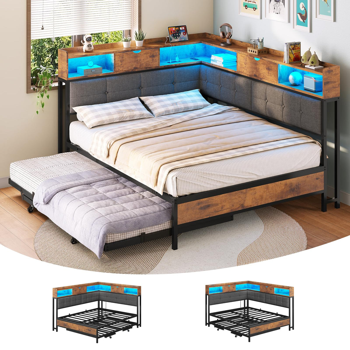 Black Corner Full Bed Frame with Trundle H76432