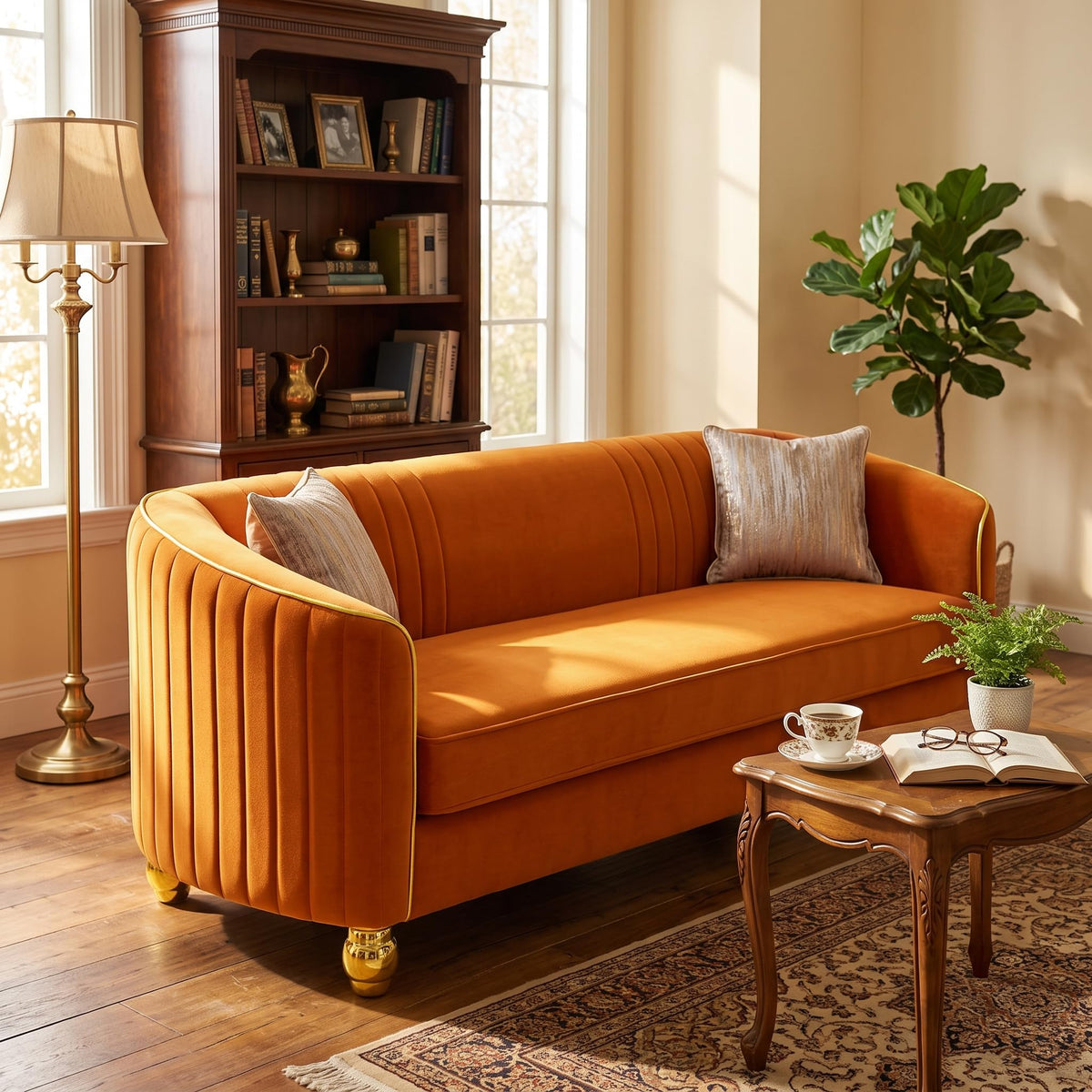 Velvet Modern Sofa Couch 3-Seater Deep Seat Sofa, Orange Y68590