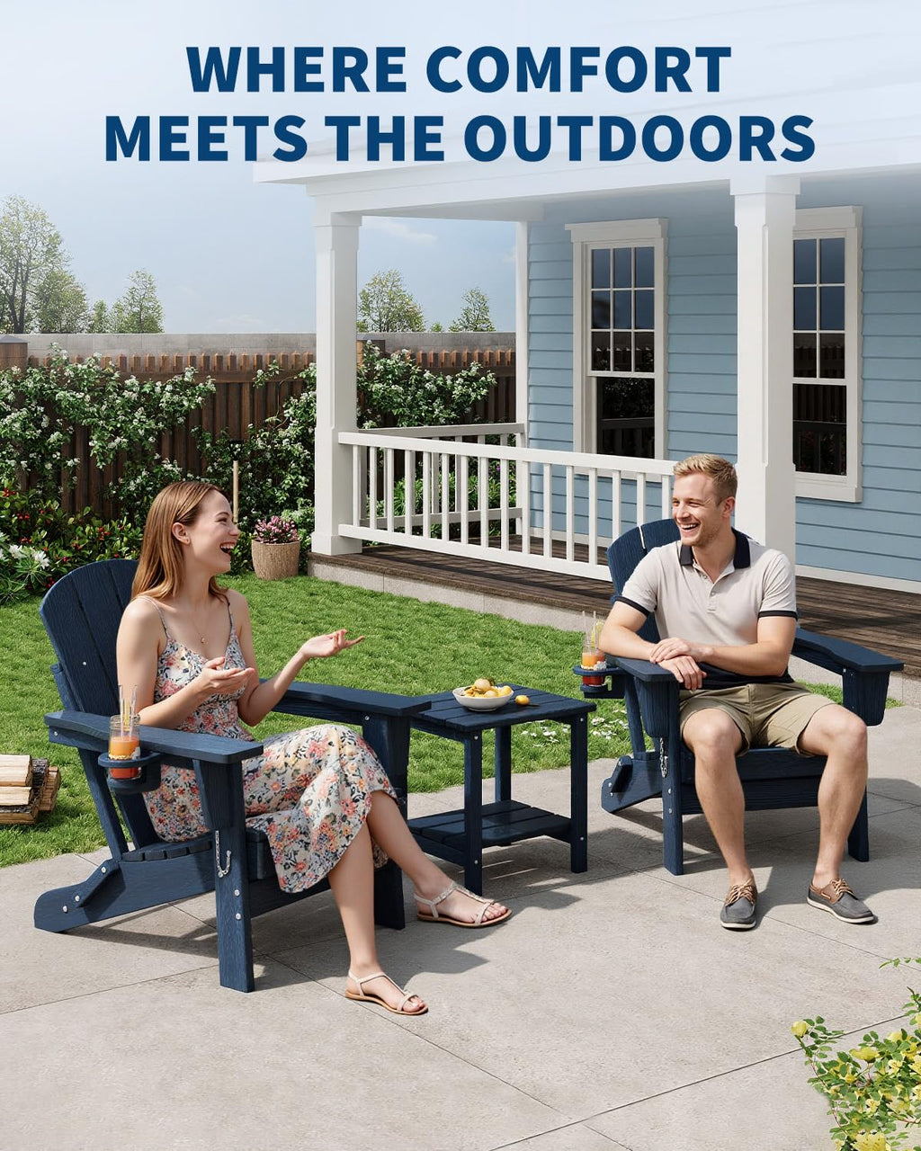 HDPE Folding Adirondack Chair Set of 2 with Side Table, Navy Blue N16216