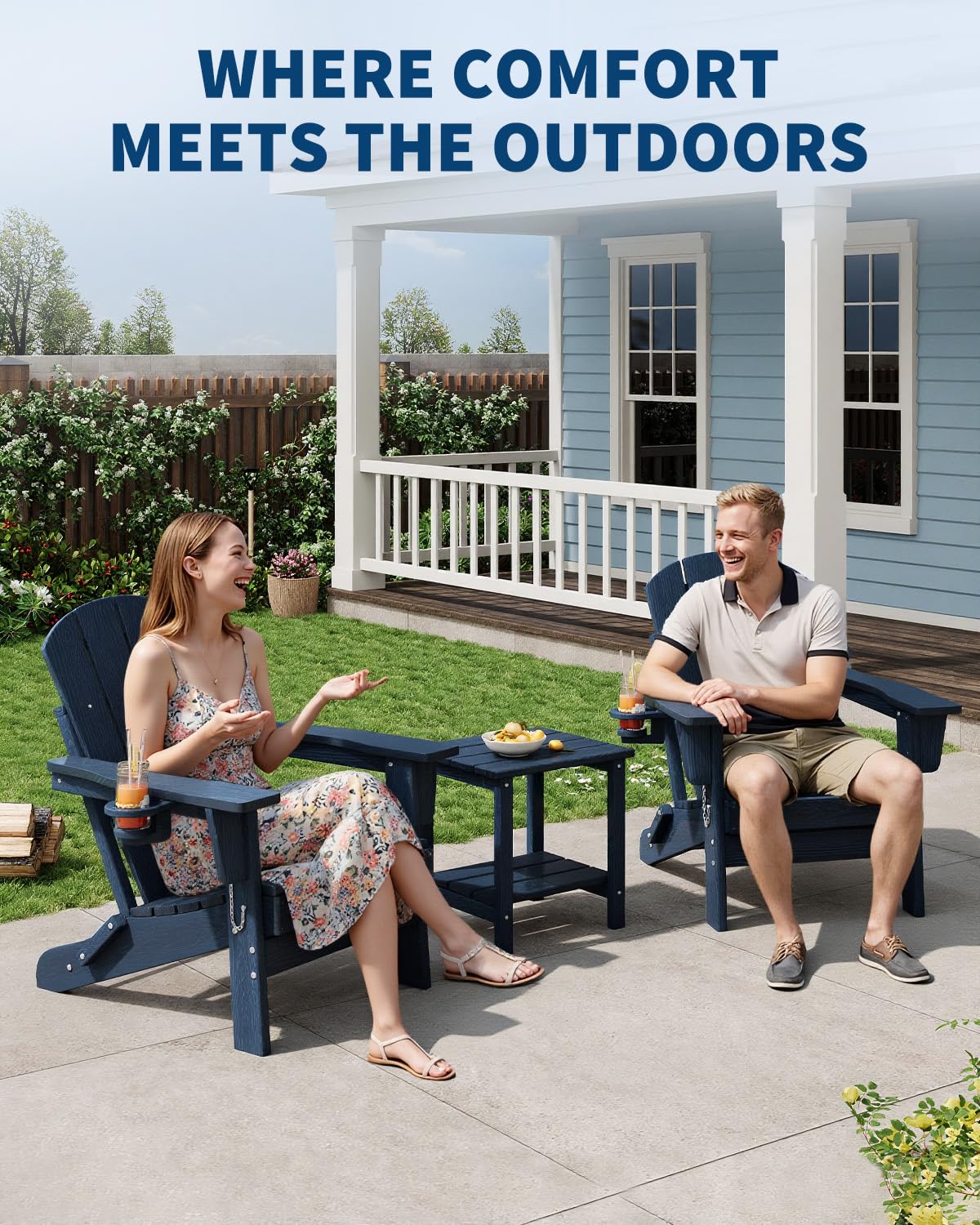 HDPE Folding Adirondack Chair Set of 2 with Side Table, Navy Blue N16216