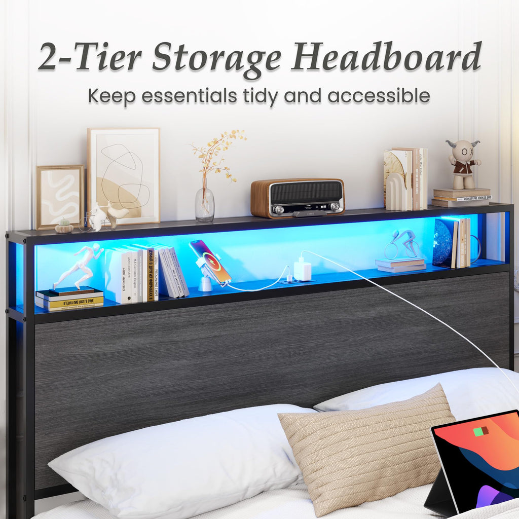 Rustic Grey Full Bed Frame with Charging Station W12828
