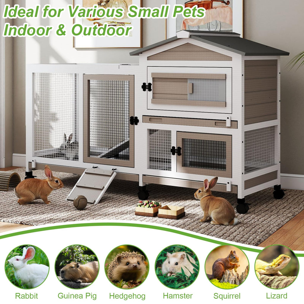 2 Story Wooden Rabbit Hutch with 6 Lockable Wheels H942