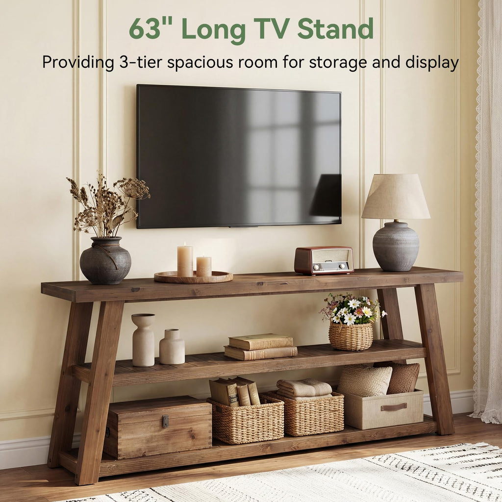 3-Tier Solid Wood TV Stand with Open Storage Shelves K4322