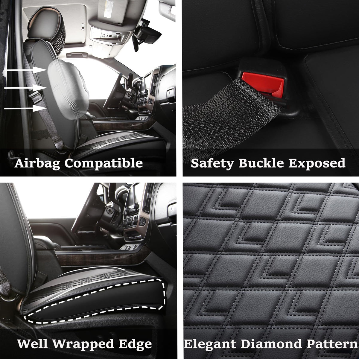 Leather Seat Covers for Chevy Silverado GMC Sierra, Custom Fit, Front Pair, Black Grey N4095