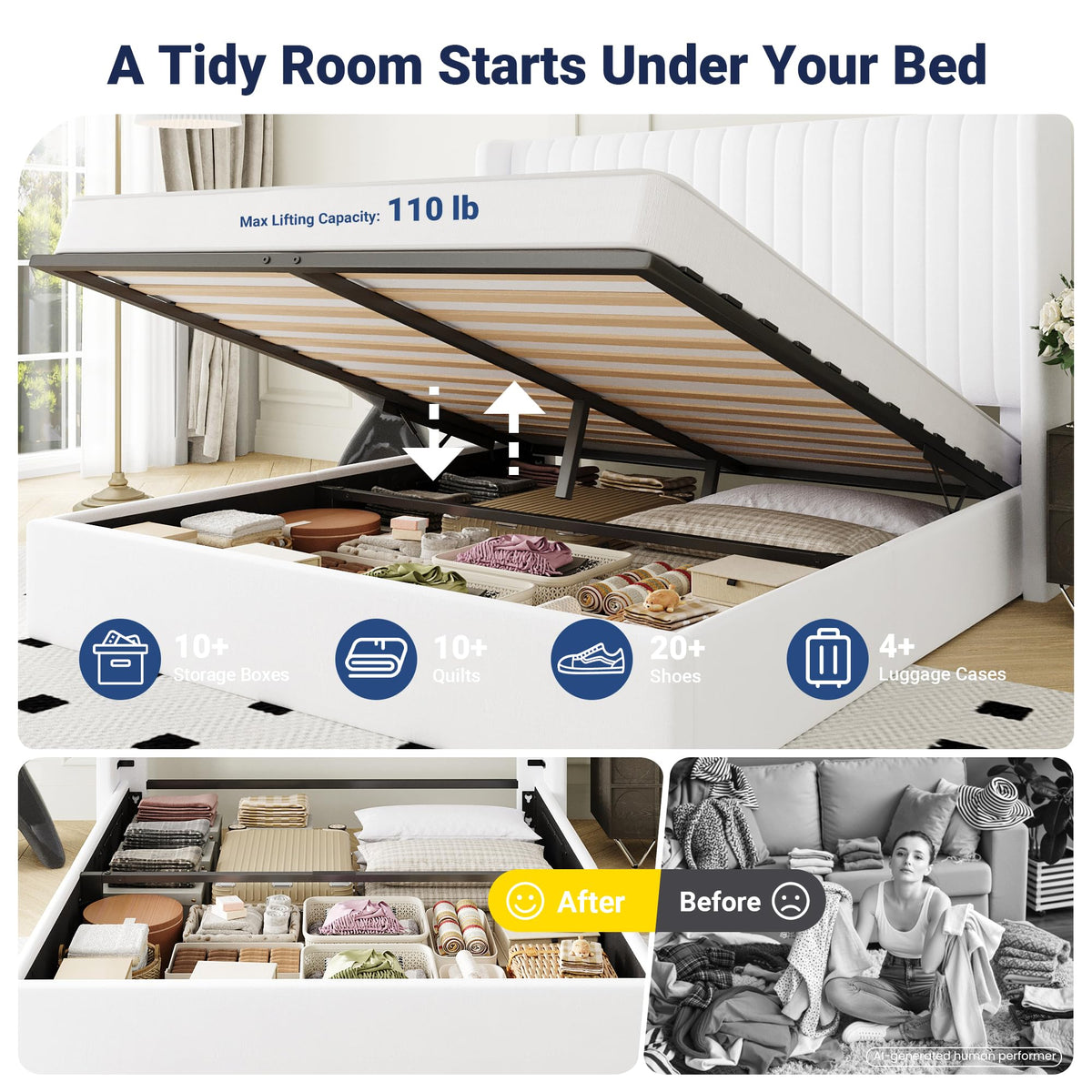 Queen Size Lift Up Storage Bed Frame White X903