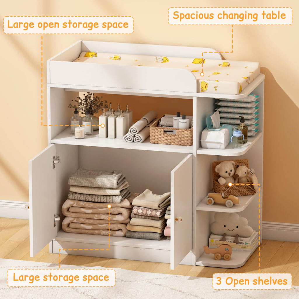 White Wood Changing Table Dresser with Cabinet R15263