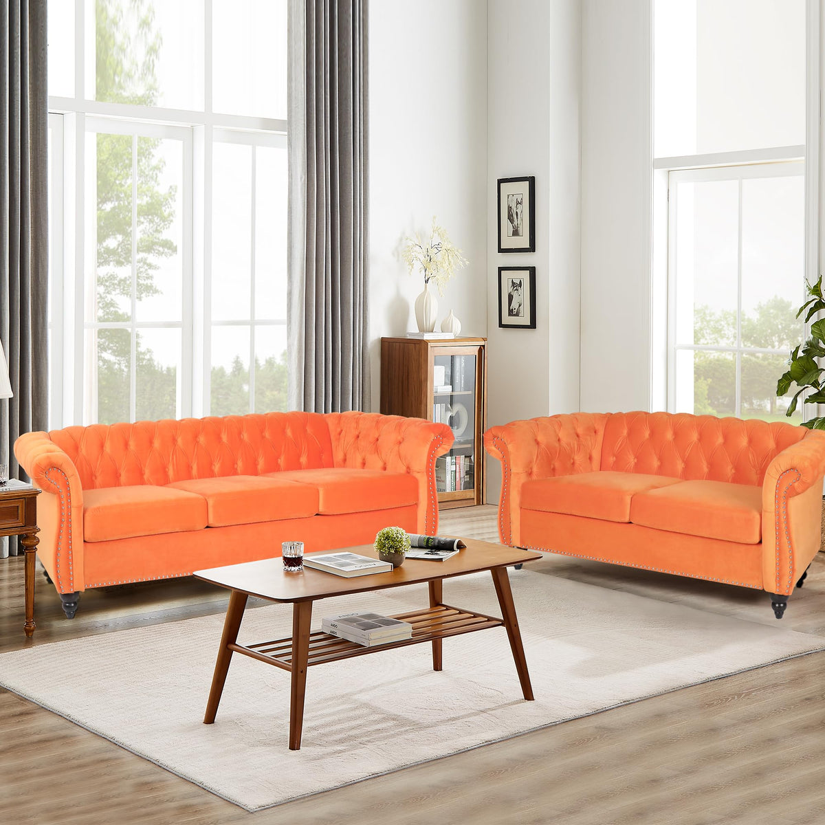 Orange Velvet Tufted Sofa Set U4015