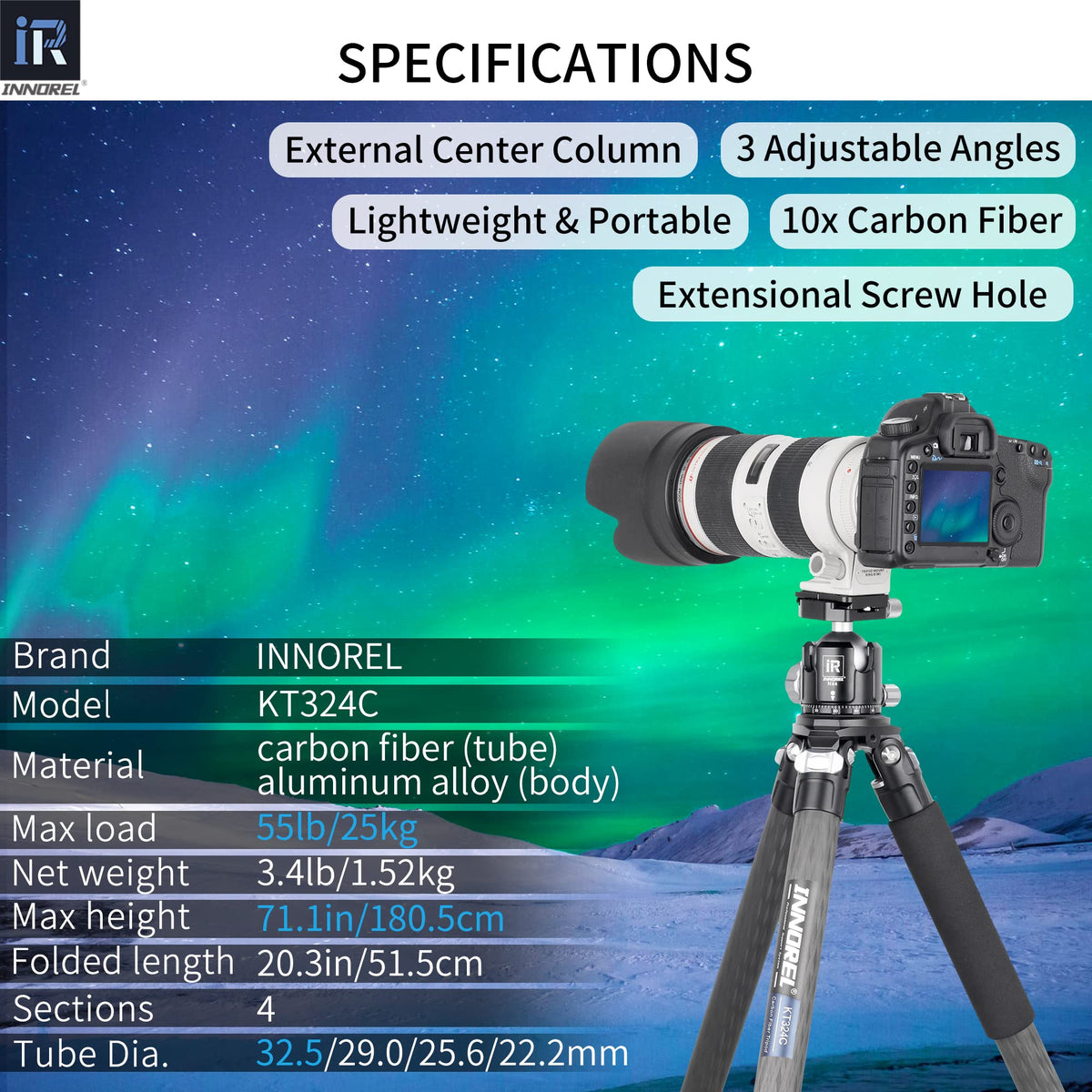 Carbon Fiber Tripod Without Head Portable Compact Travel Tripod 55lbs Max Load D244