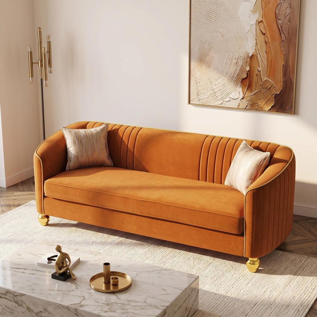 Velvet Modern Sofa Couch 3-Seater Deep Seat Sofa, Orange Y68590