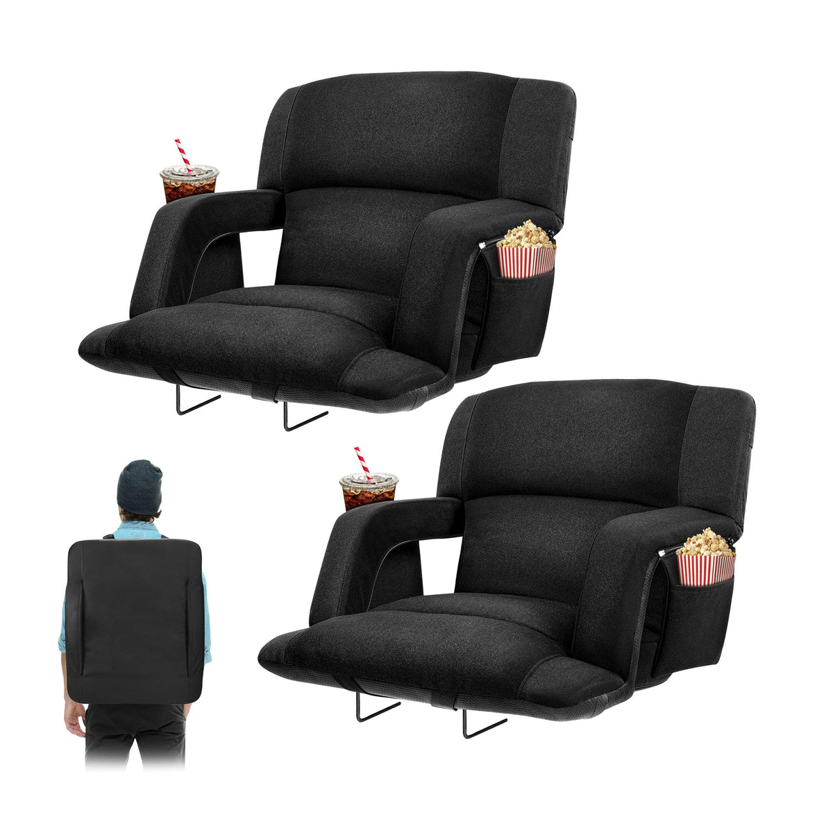Extra Wide Folding Stadium Chairs with Back and Cushion, 6 Reclining Positions, Black W46932