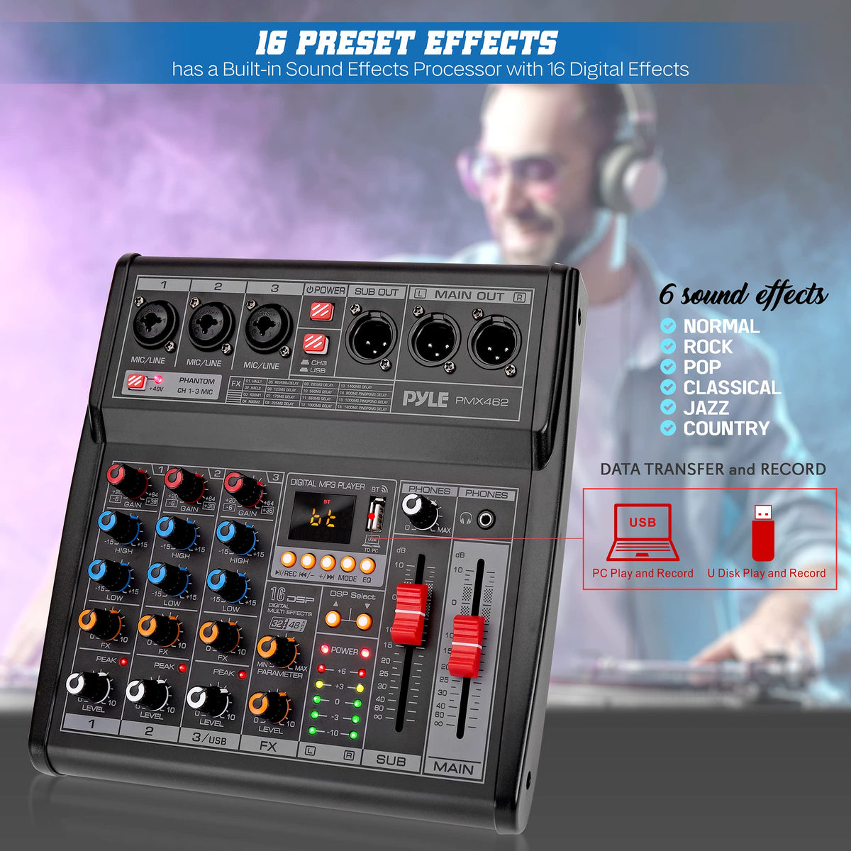 3-Channel DJ Audio Mixer with 16 Preset DSP Effects U51539