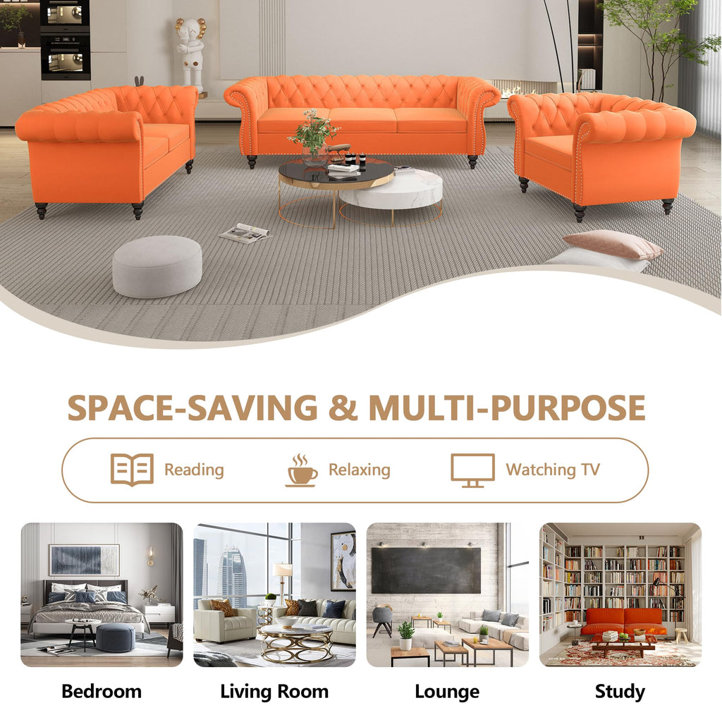 Orange Velvet Tufted Sofa Set U4015