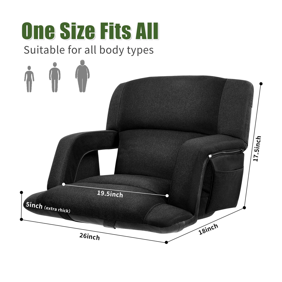 Extra Wide Folding Stadium Chairs with Back and Cushion, 6 Reclining Positions, Black W46932
