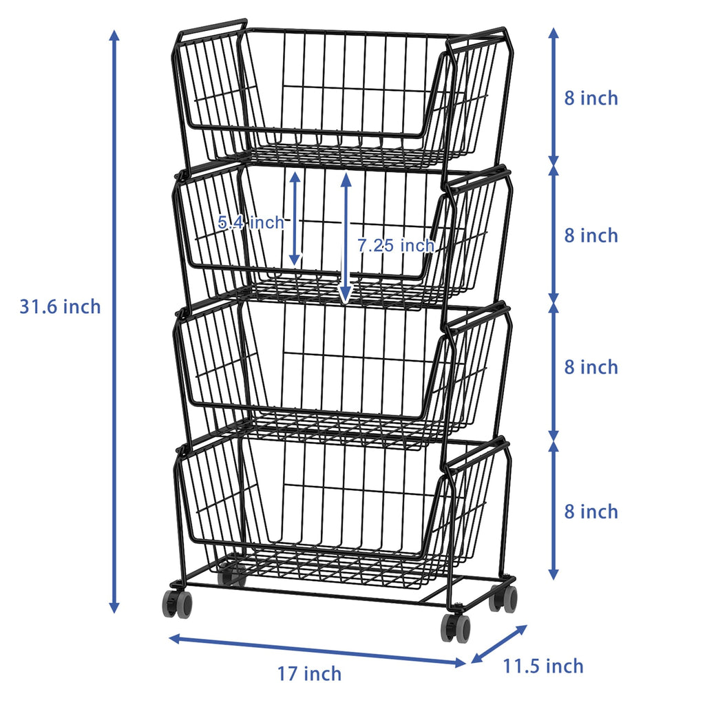 4-Tier Stackable Wire Storage Baskets with Wheels W985