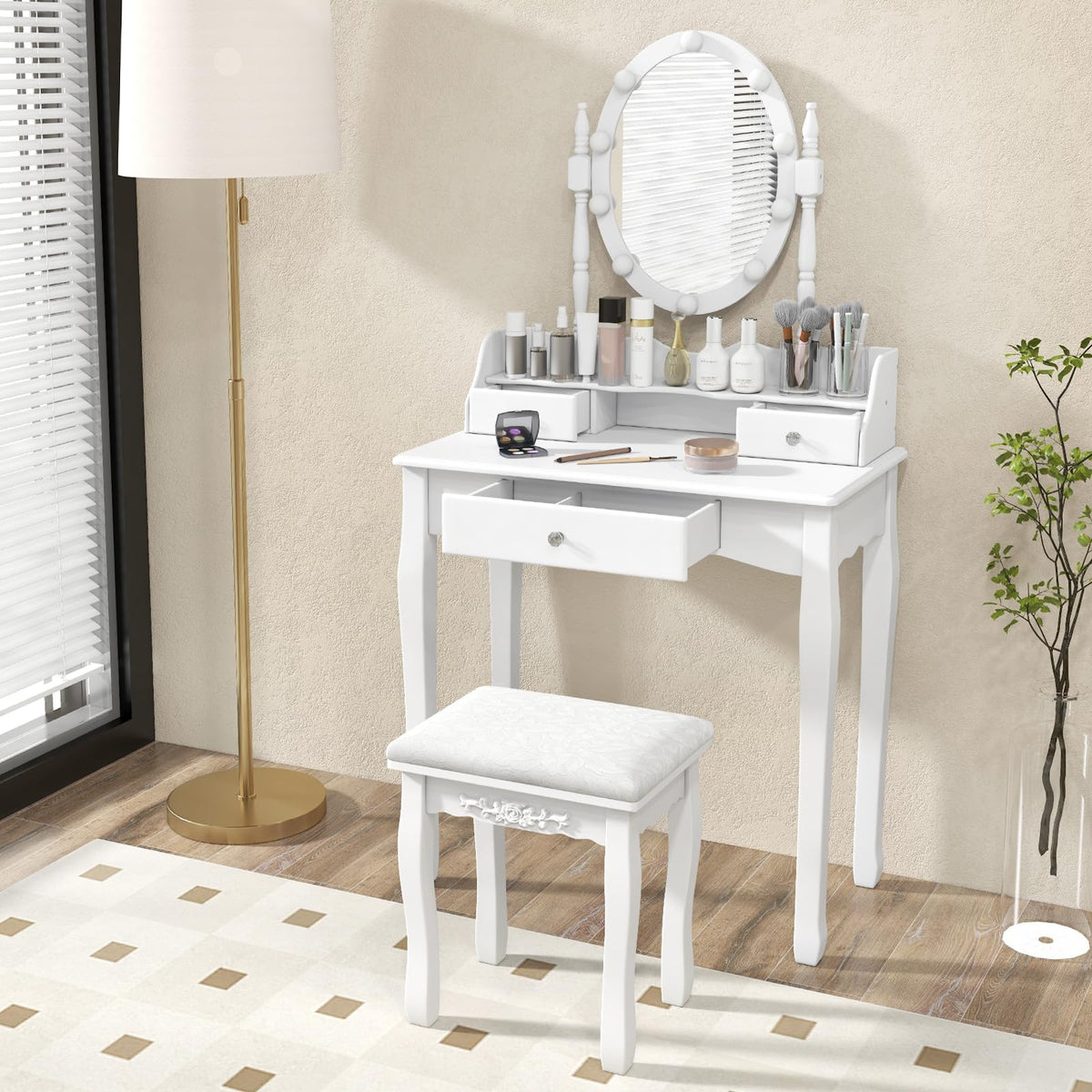 White Makeup Vanity Desk with Lighted Mirror and Stool O6534