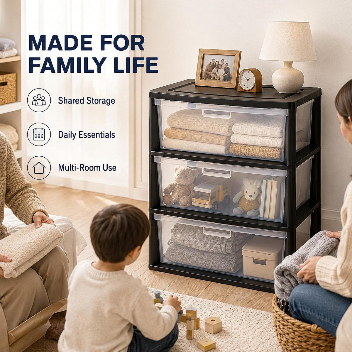Black 3 Drawer Plastic Storage Tower T462372