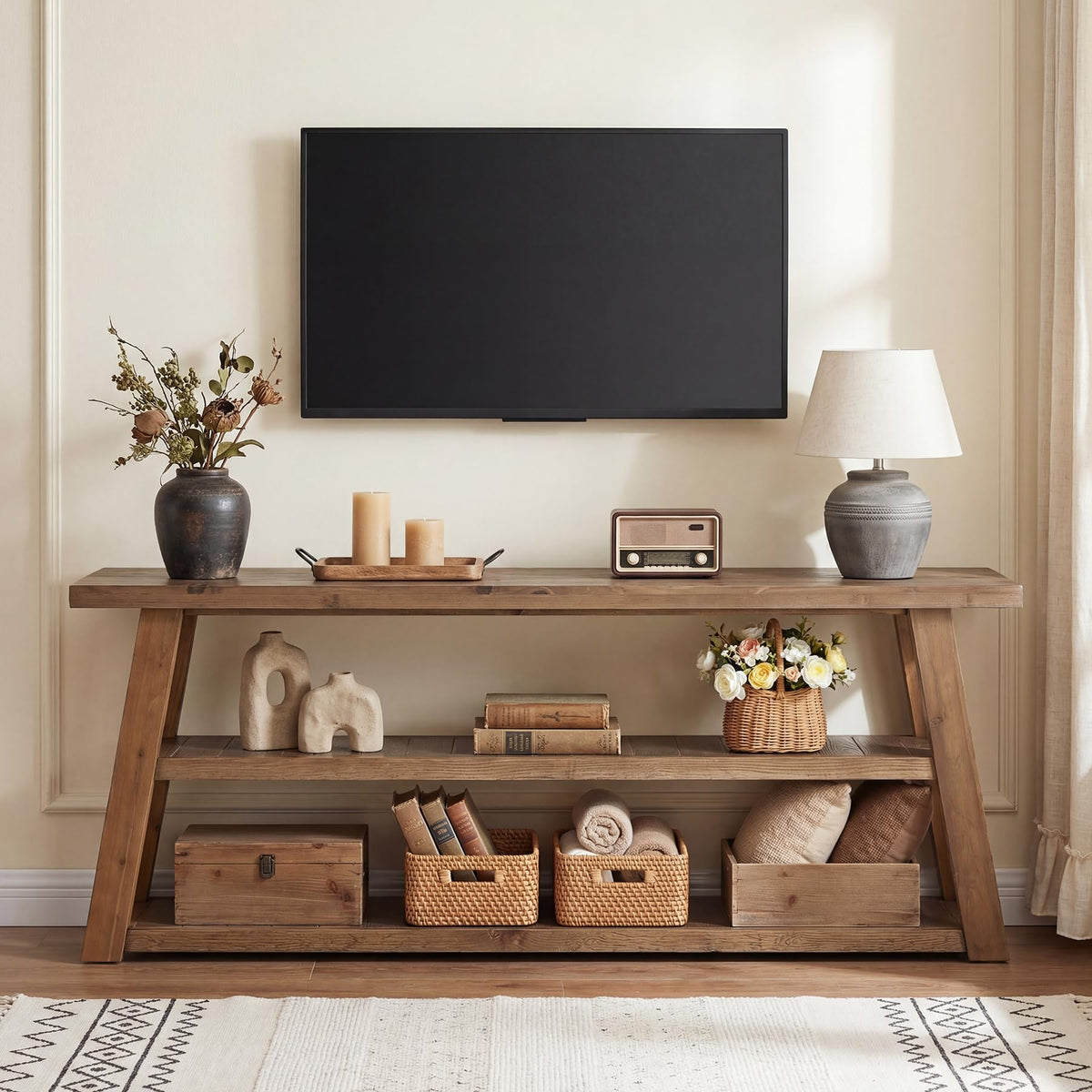 3-Tier Solid Wood TV Stand with Open Storage Shelves K4322