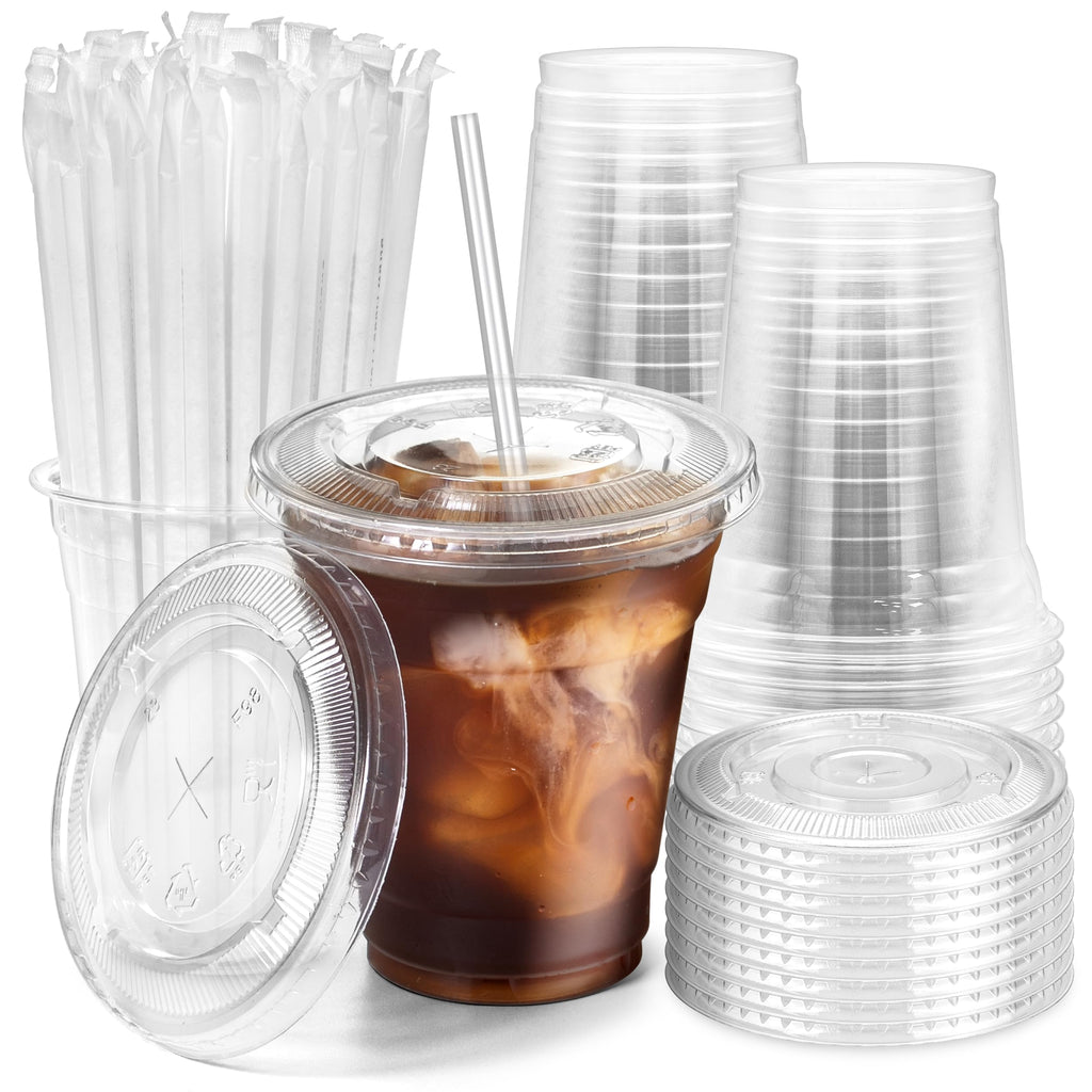 12 oz Clear Plastic Cups with Lids and Straws X46326