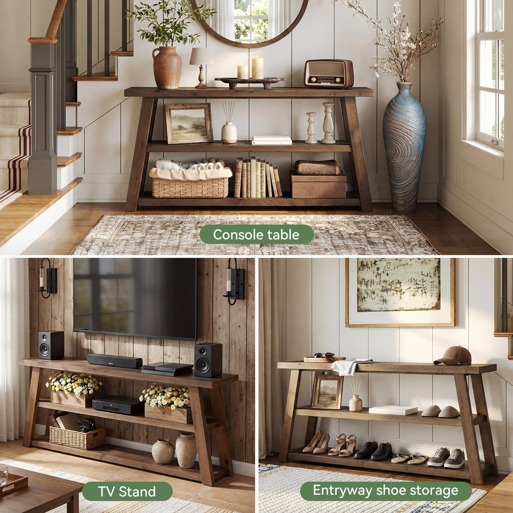 3-Tier Solid Wood TV Stand with Open Storage Shelves K4322