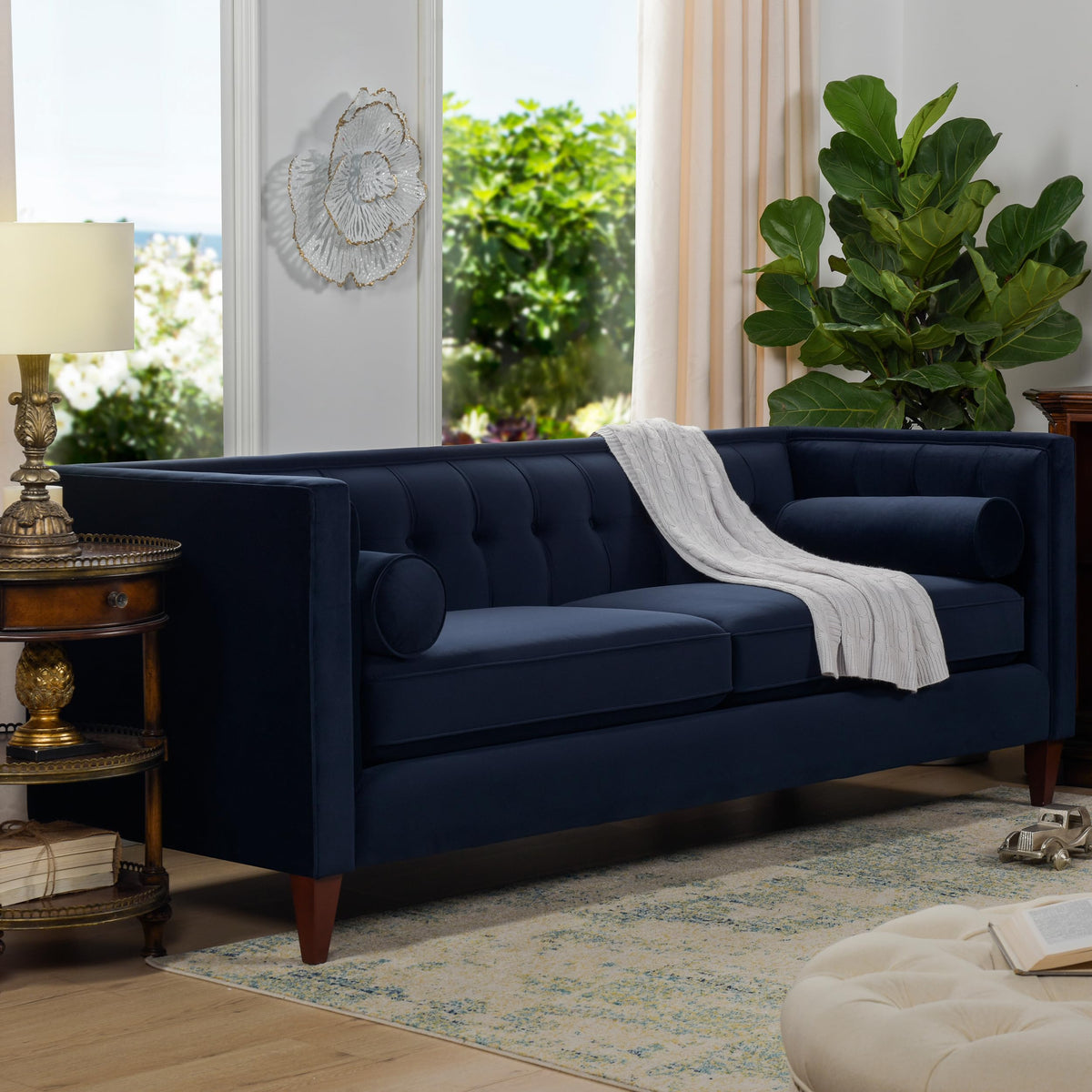 Dark Navy Blue Performance Velvet Tufted Sofa W13761