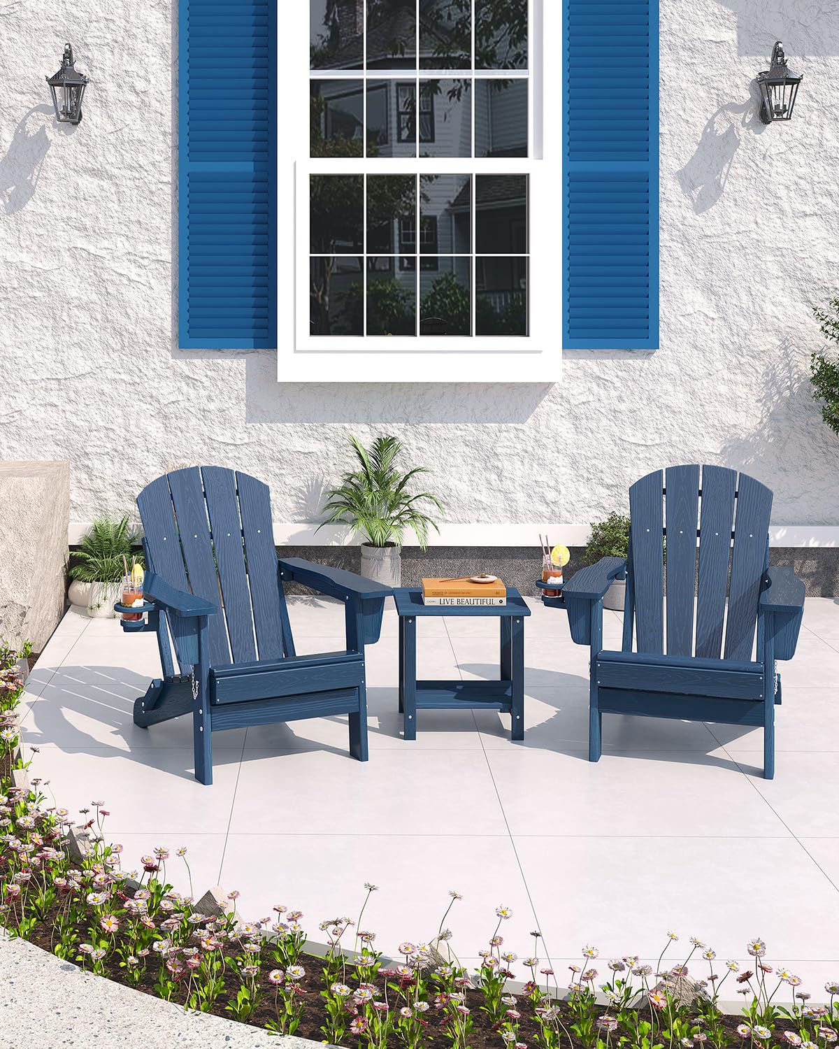 HDPE Folding Adirondack Chair Set of 2 with Side Table, Navy Blue N16216