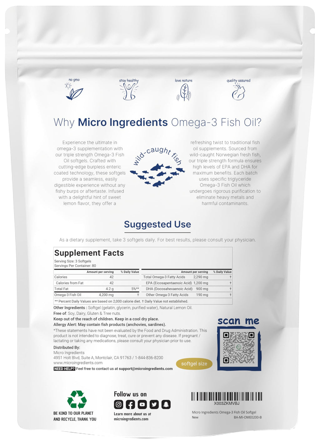Omega 3 Fish Oil 4200mg & Cod Liver Oil 2000mg 360 Softgels Lemon Flavored E399